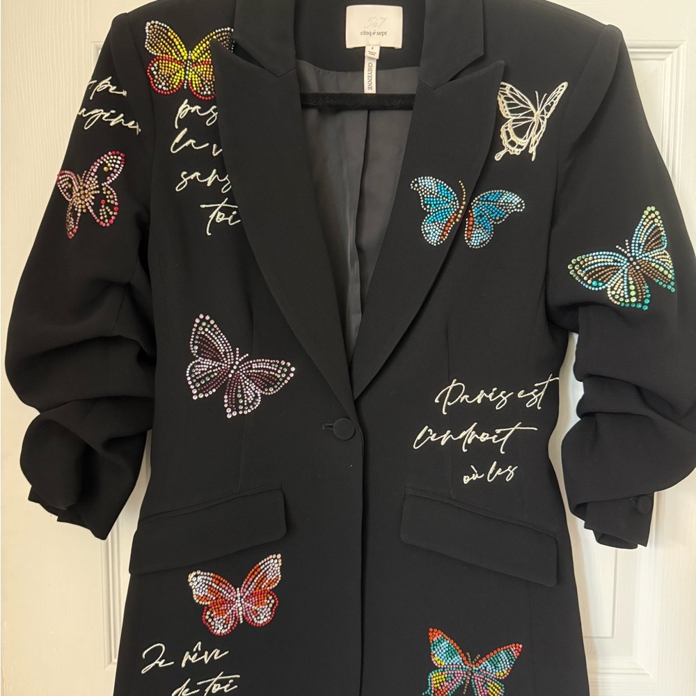 cinq a sept Black Blazer with Multicolor Rhinestone Butterflies